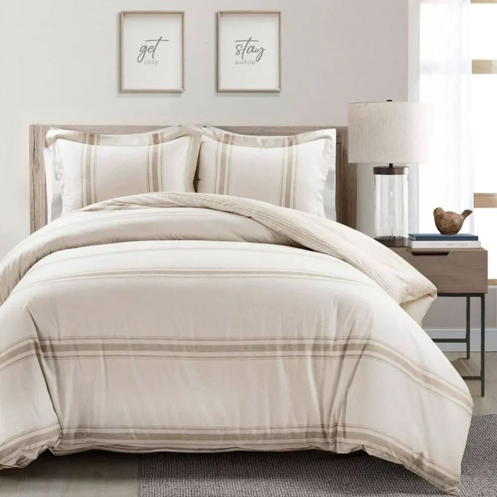 Lush Decor - 3pc King Farmhouse Stripe Reversible Duvet Set Tan Tan